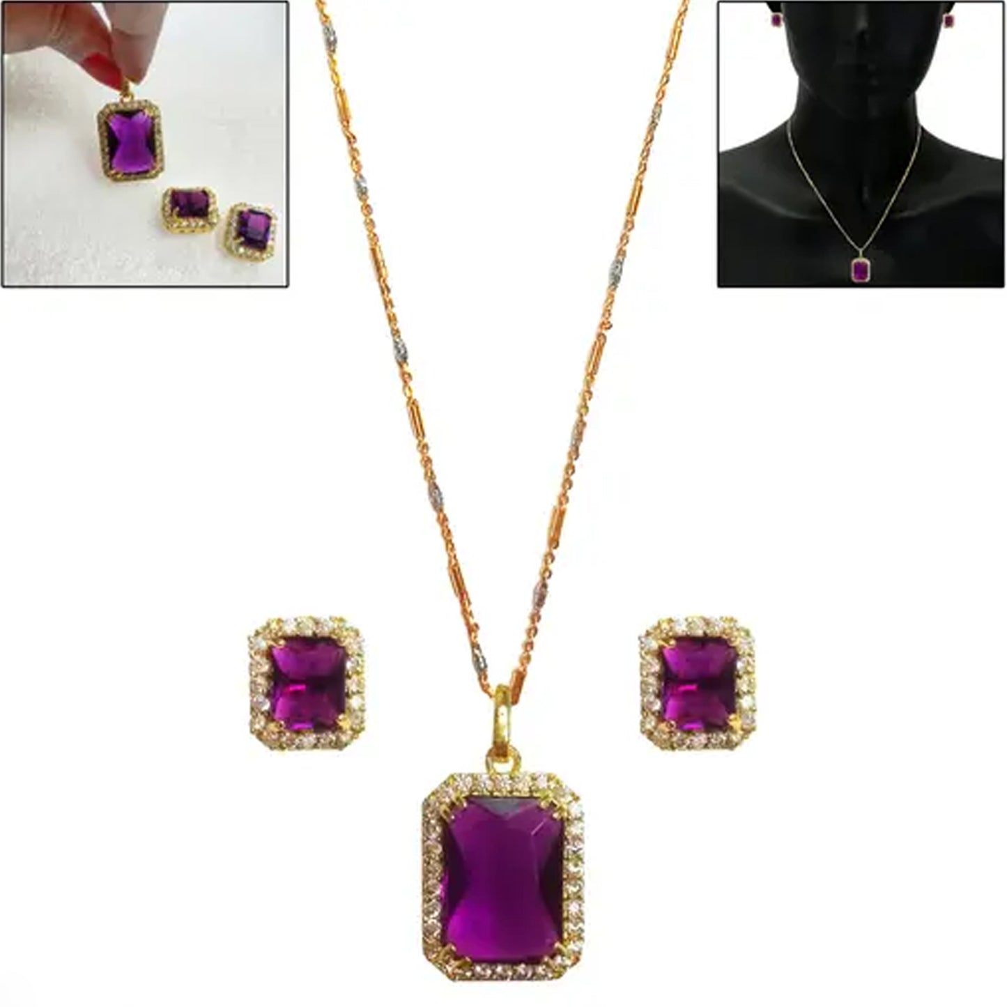 Stone Pendant Necklace Chain Set With Earrings (1 Set Mix Color Design)
