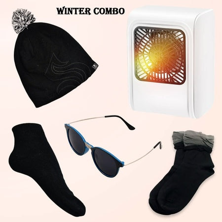 Winter Warm Set - Bennie Hat Room Heater Sunglasses And Socks (5 Pcs Combo)